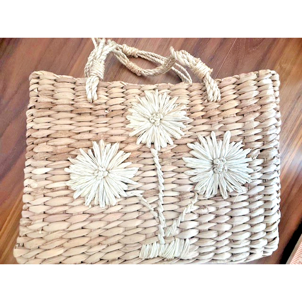 Vintage 90s Esprit Woven Straw Basket Handbag Bag Y2K Flowers 10" x 8" - Picture 10 of 13